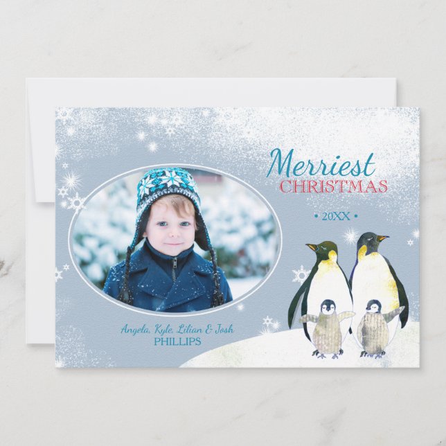 Cartão De Festividades Let It Snow! Penguin Family Holiday Photo Card (Frente)