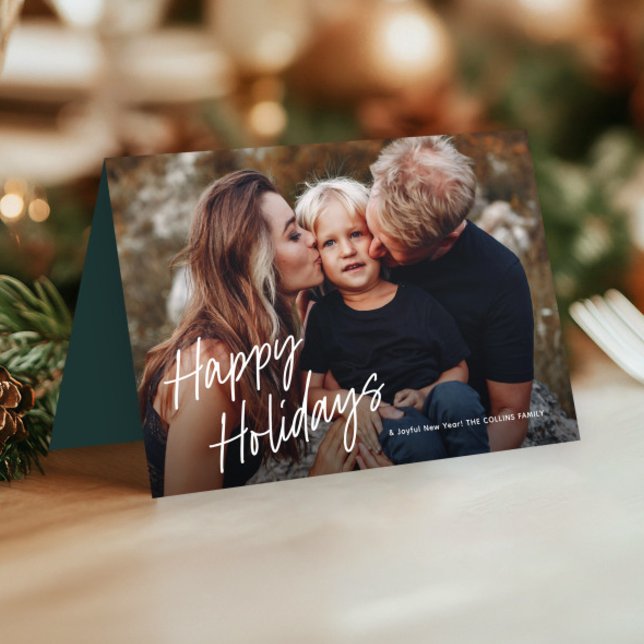 Cartão De Festividades Letra de Script Moderno 3 Foto (Simple Handwritten Happy Holidays 3 Photo Holiday  Cards.)