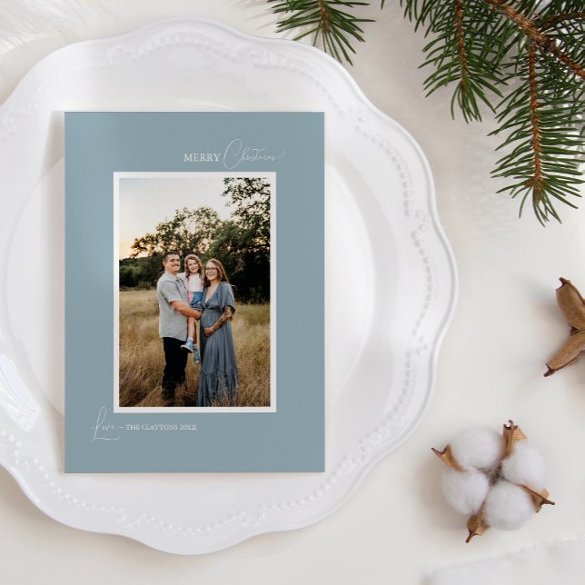 Cartão De Festividades Letra minúscula e foto azul retrô-boho (Criador carregado)