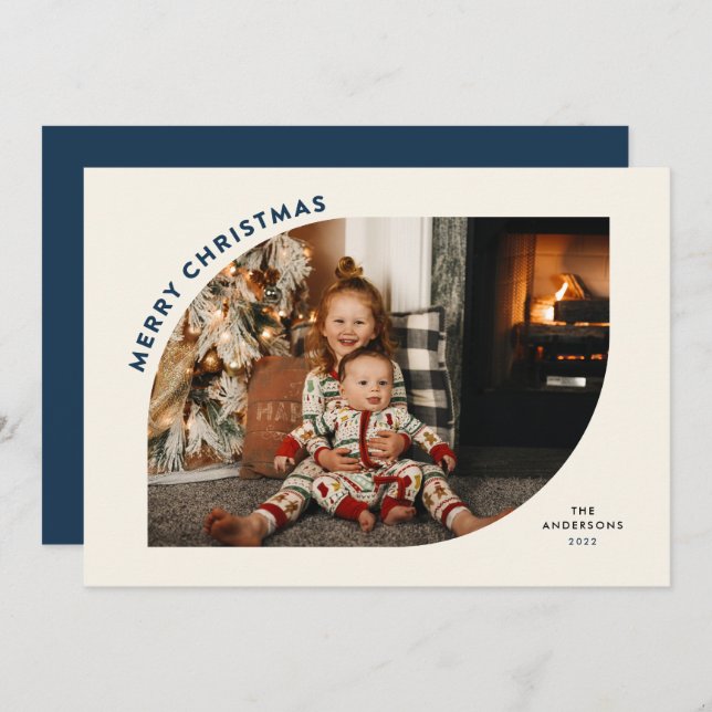 Cartão De Festividades Letras Azuis de Quadro Moderno de Feliz Natal (Frente/Verso)