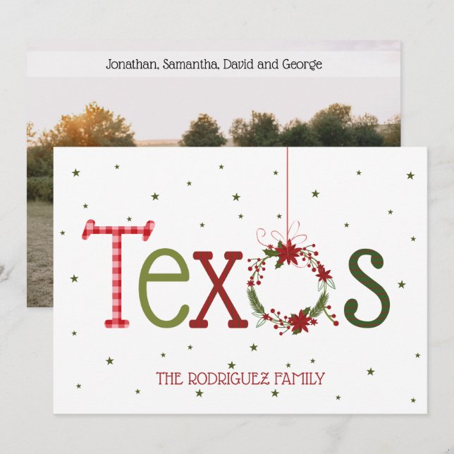 Cartão De Festividades Letras com Padrão Texas e Grinalda de Poinsettia (Frente/Verso)