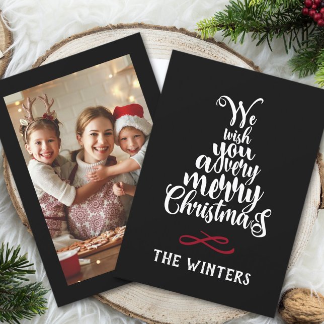 Cartão De Festividades Letras de árvore de Natal vermelha preta e branca  (Criador carregado)