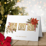 Cartão De Festividades Letras de Bloco de Joy Iluminadas Douradas com Poi<br><div class="desc">Saudação elegante de "alegria" em ouro ornamentado iluminada por letras medievais embelezadas por aglomerados de poinsetos coloridos,  vermelhos e holly com realces de ouro. Inclui modelo de foto e campos de texto editáveis.</div>