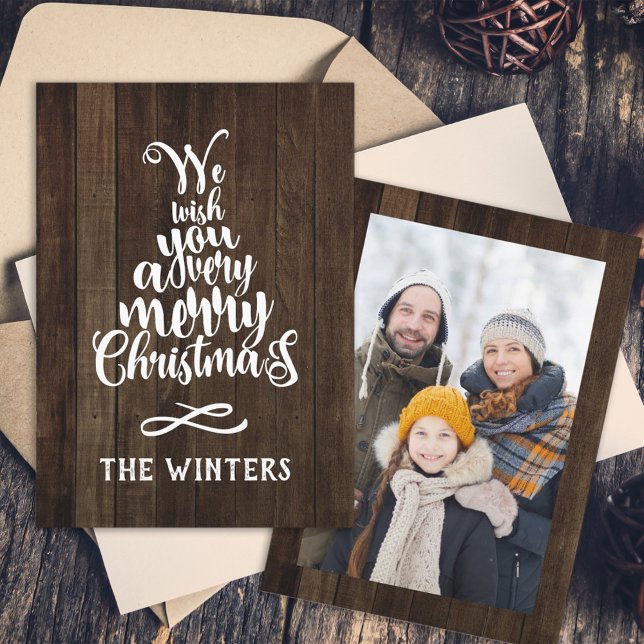 Cartão De Festividades Letreiro de árvore de Natal em madeira rústica par (Criador carregado)