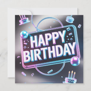 Cartão De Festividades Letreiro de Neon 3D "Feliz Aniversário" Futurista