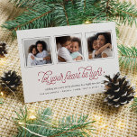 Cartão De Festividades Lighthearted | Three Photo Holiday Card<br><div class="desc">Send holiday wishes to friends and family with our simple and elegant photo cards, featuring "let your heart be light" in cranberry red modern script typography beneath three of your favorite photos in square format. Customize with a personal message (shown with "wishing you a very merry Christmas and a happy...</div>