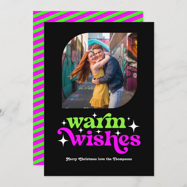 Cartão De Festividades Lima Verde e Magenta Foto de Natal Moderno Retrô (Frente/Verso)