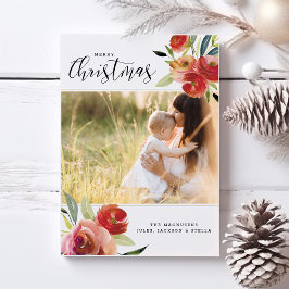 Cartão De Festividades Linda Aquarela de Natal Floral 2 Fotos