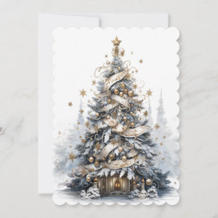 Cartão De Festividades Linda Árvore de Natal Azul Branca e Dourada
