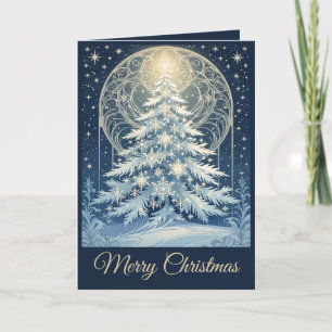 Cartão De Festividades Linda Árvore de Natal Azul de Yule Neve e Estrelas