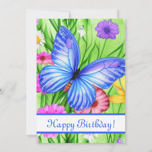 Cartão De Festividades Linda Borboleta Azul com flores Aquarela
