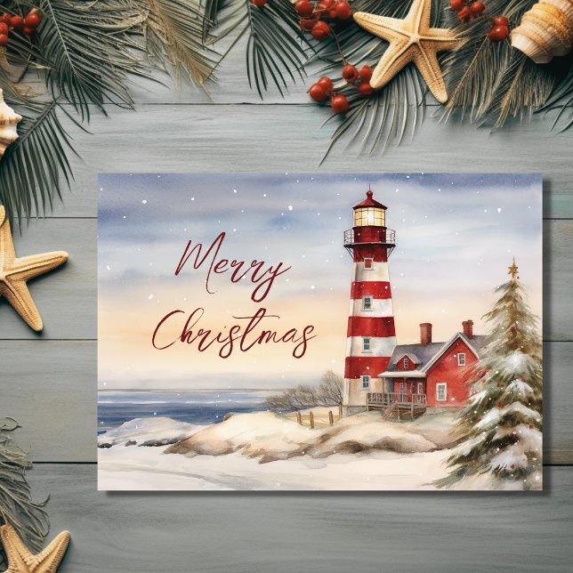 Cartão De Festividades Linda cena do farol de inverno Feliz Natal (Front - Beautiful Winter Lighthouse Scene Merry Christmas Holiday Card)