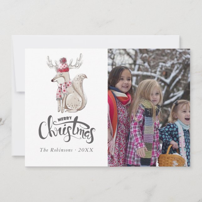 Cartão De Festividades Linda foto de Natal do Fox de Inverno em aquarela (Frente)