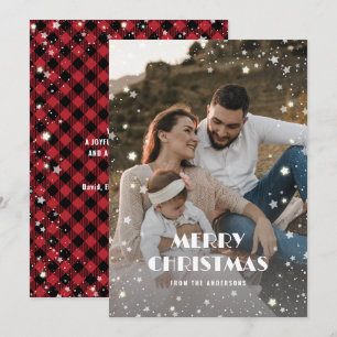 Cartão De Festividades Linda Foto de Plaid Buffalo Vermelho com Neve e Es