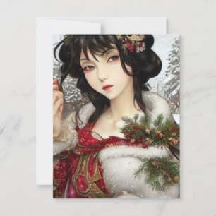 Cartão De Festividades Linda Garota de Anime e Mangá de Natal de Inverno