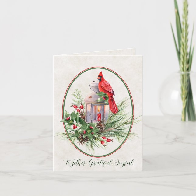 Cartão De Festividades Linda lanterna com o Natal Holly e Cardeal (Frente)