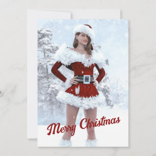 Cartão De Festividades Linda mulher de Natal sobre a neve do inverno