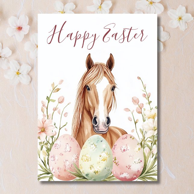 Cartão De Festividades Linda Páscoa de Cavalo de Aquarela Desejos (Front - Beautiful Watercolor Horse Easter Wishes Holiday Card)