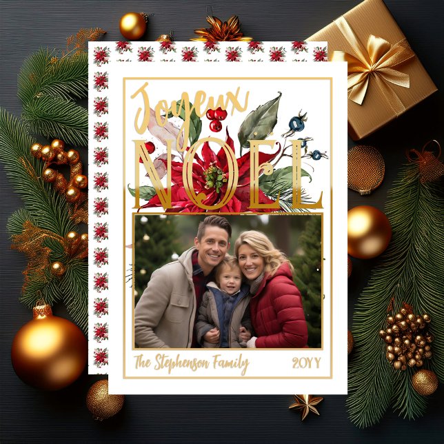 Cartão De Festividades Linda Poinsettia e Berries Joyeux Noël ("Joyeux Noël" French "Merry Christmas" Faux Foil and White Poinsettia | Berries Flat Greeting Card)