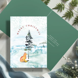 Cartão De Festividades Linda Raposa Vermelha e Verde em Aquarela Natal
