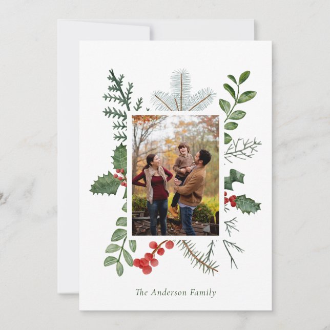 Cartão De Festividades Linda Watercolor Greenery Foto de Natal (Frente)