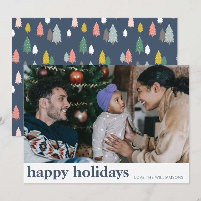 Cartão De Festividades Lindas Árvores de Natal Modernas Azuis Escuros Gra (Frente/Verso)