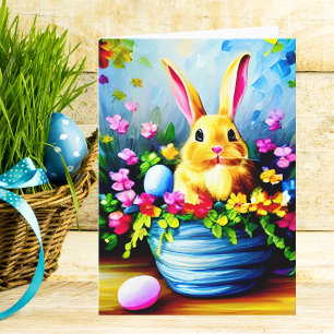 Cartão De Festividades Lindas Flores, Coelho e Ovos de Páscoa