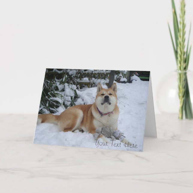 Cartão De Festividades Lindo cachorro Akita descansando na neve de Natal (Frente)