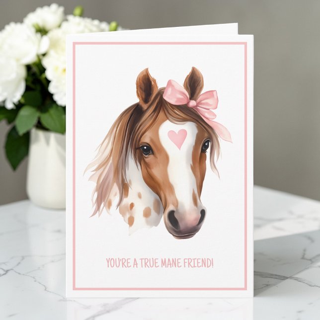 Cartão De Festividades Lindo Cavalo Aquarela Rosa Kids Dia dos Namorados  (Cute Watercolor Horse Pink Kids Valentine Folded Holiday Card)
