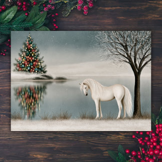 Cartão De Festividades Lindo Cavalo Branco ao lado de um Lago de Inverno