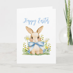 Cartão De Festividades Lindo coelho de Páscoa em aquarela com laço azul x