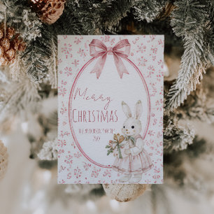 Cartão De Festividades Lindo Coelho Laço Rosa Natal Alegre Caprichoso