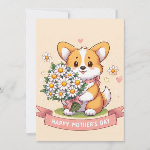 Cartão De Festividades Lindo Corgi de Desenho com Margaridas Feliz Dia da