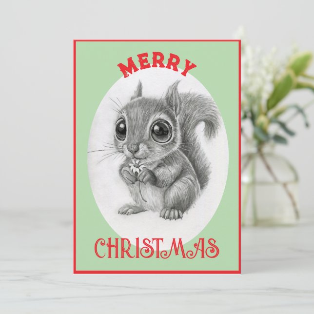 Cartão De Festividades Lindo Esquilo - Feliz Natal (Em pé/Frente)