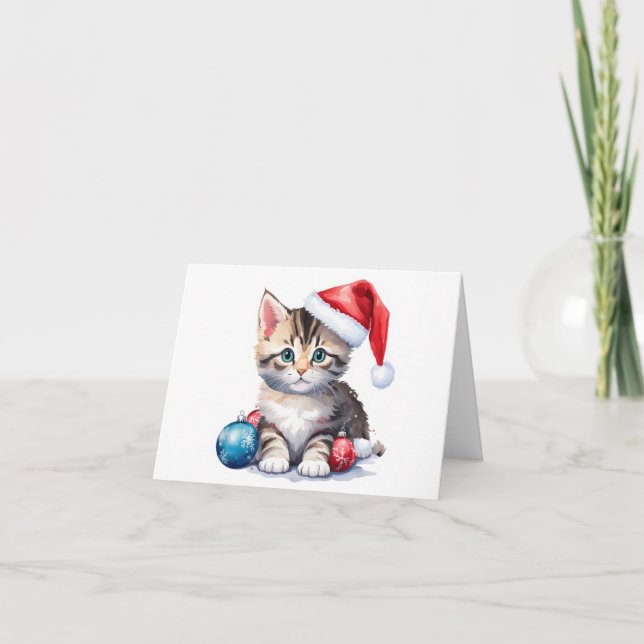 Cartão De Festividades Lindo Gatinho de Papai Noel Cinza e Branco EM BRAN (Frente)