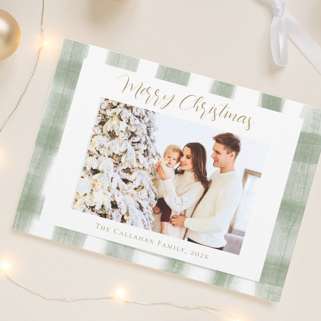 Cartão De Festividades Lindo Natal com Foto Personalizada em Xadrez Verde (Elegant Cute Green Gingham Plaid Custom Photo Merry Christmas Card - Chic vintage style holiday card)
