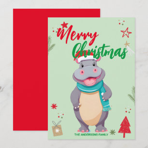 Cartão De Festividades Lindo nome de HIPOPÓTAMO papai Noel Natal Férias F