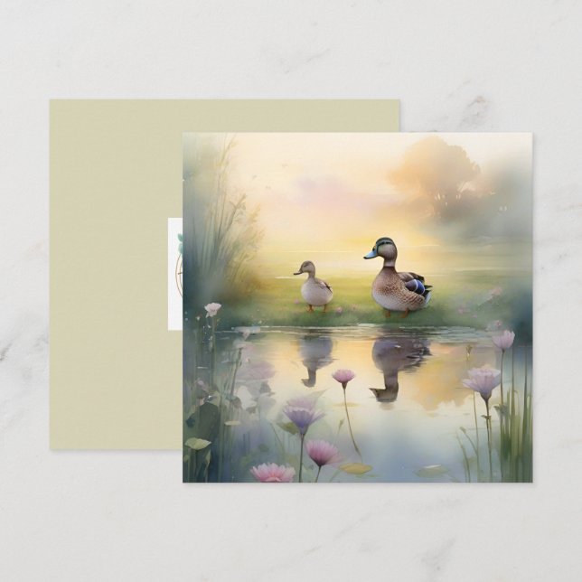 Cartão De Festividades Lindo Pato Aquarela Reflexo Blank  (Frente/Verso)