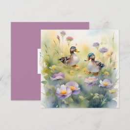 Cartão De Festividades Lindo Pato em Aquarela e Flores Silvestres em Bran