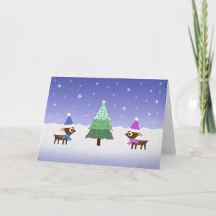 Cartão De Festividades Lindo Pequeno Rena e Árvore de Natal