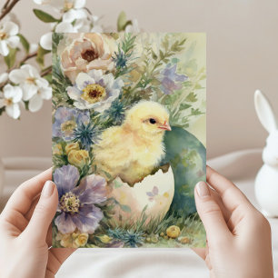 Cartão De Festividades Lindo Pintinho de Páscoa Flores Silvestres Aquarel