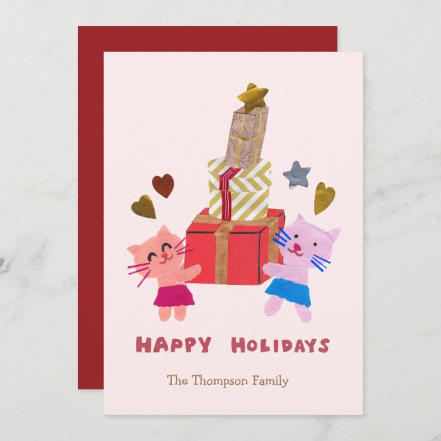 Cartão De Festividades lindos gatos com caixas de presentes rosa (Frente/Verso)