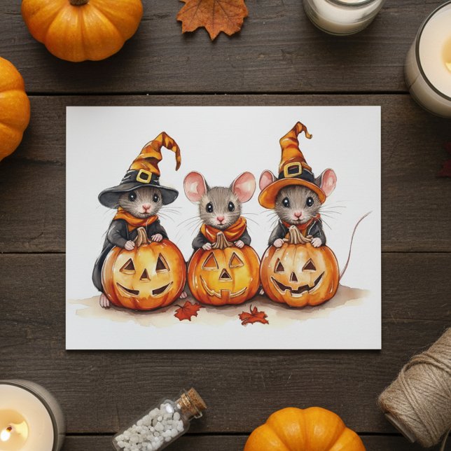 Cartão De Festividades Lindos Ratinhos de Aquarela Abóboras de Halloween (Criador carregado)