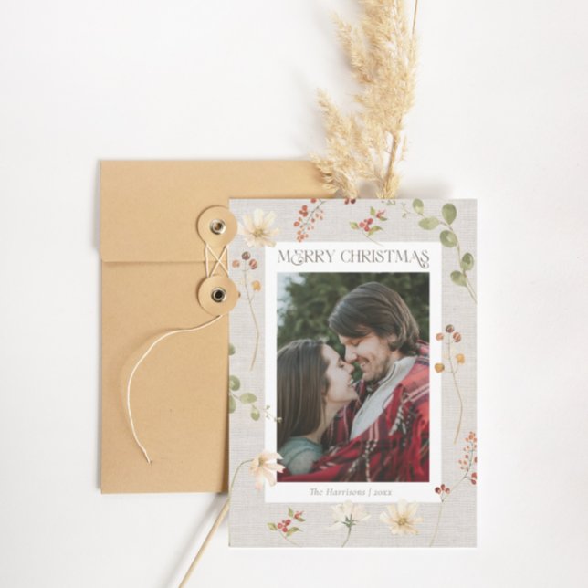 Cartão De Festividades Linen Watercolor Floral Feliz Natal (Criador carregado)