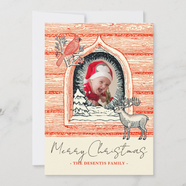 Cartão De Festividades Linocut Country Log Cabin Foto de Natal (Frente)