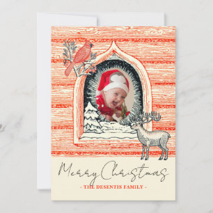Cartão De Festividades Linocut Country Log Cabin Foto de Natal