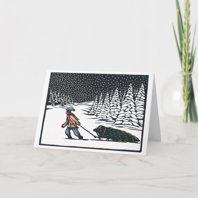 Cartão De Festividades Linocut: Garoto Puxando Árvore de Natal da Florest (Frente)