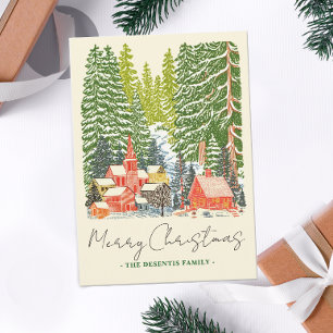 Cartão De Festividades Linocut no Natal da Cidade das Montanhas Exteriore