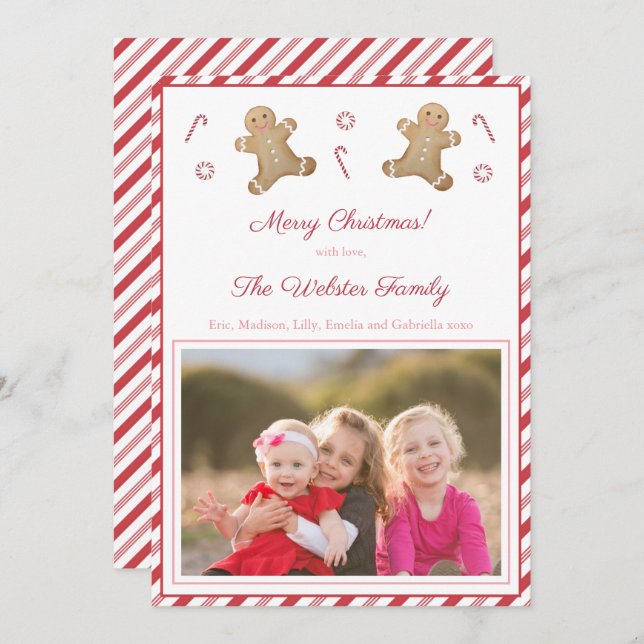 Cartão De Festividades Listras de Hortelã Pão de Mel Vermelho Rosa Imagem (Frente/Verso)