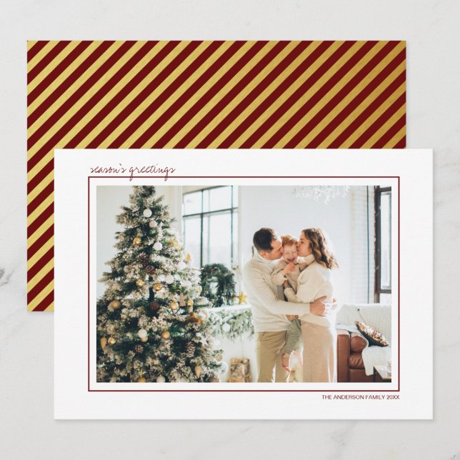 Cartão De Festividades Listras Vermelhas e Douradas Foto de Boas Festas (Frente/Verso)